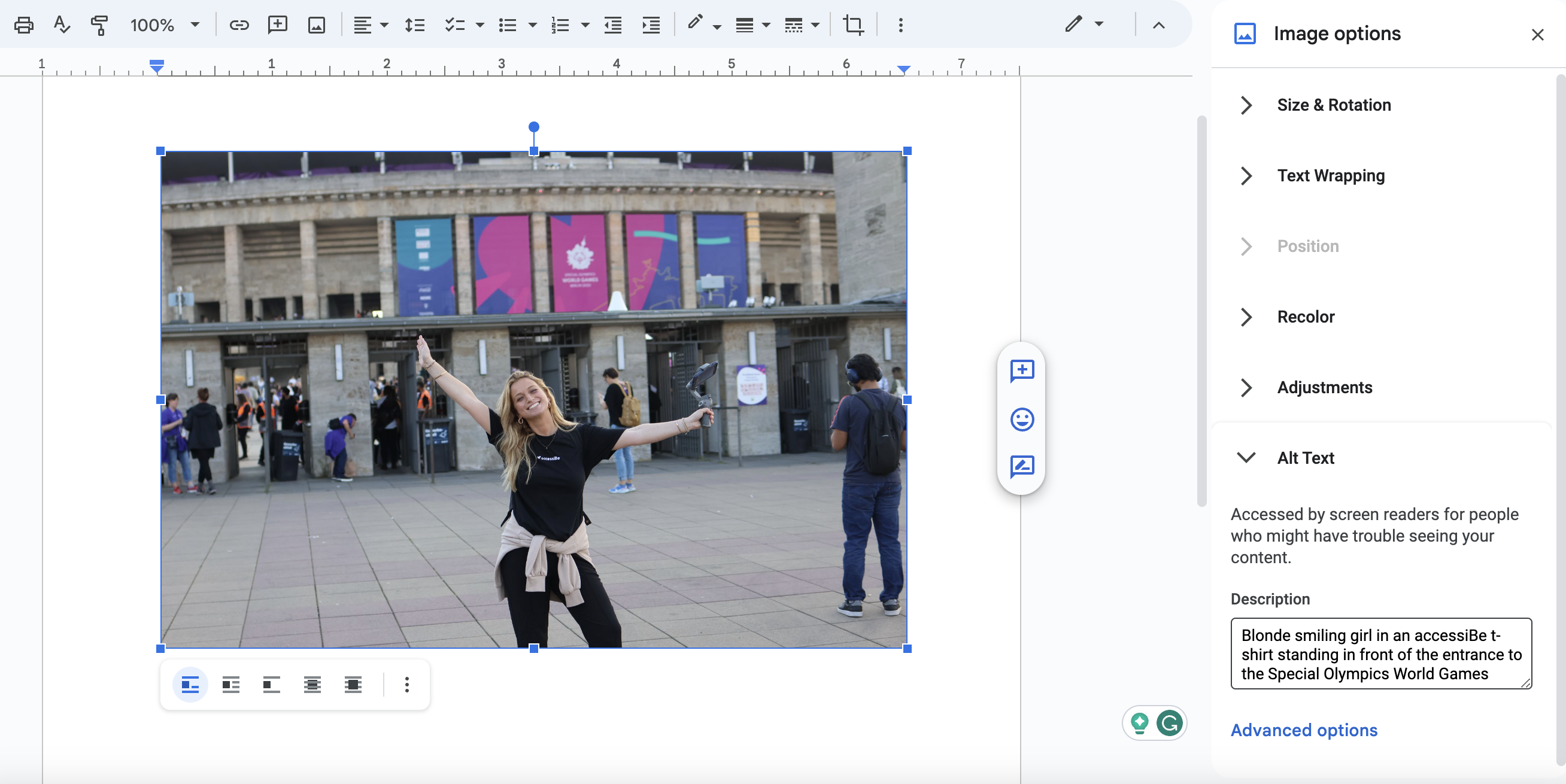 A picture of a blonde girl on a Google doc with the alt text box opened next to it