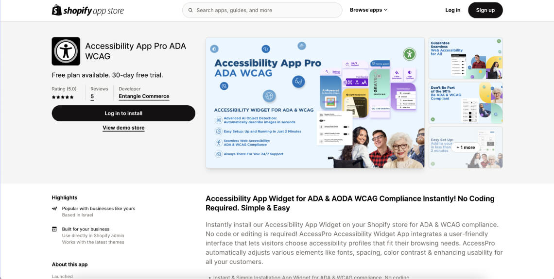 Screenshot of the Accessibility App Pro ADA WCAG app on Shopify's app store.