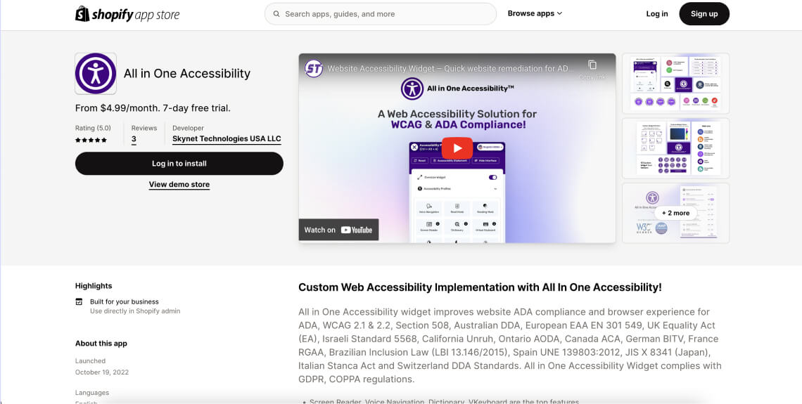 Screenshot of the All in One Accessibility app on Shopify's app store.