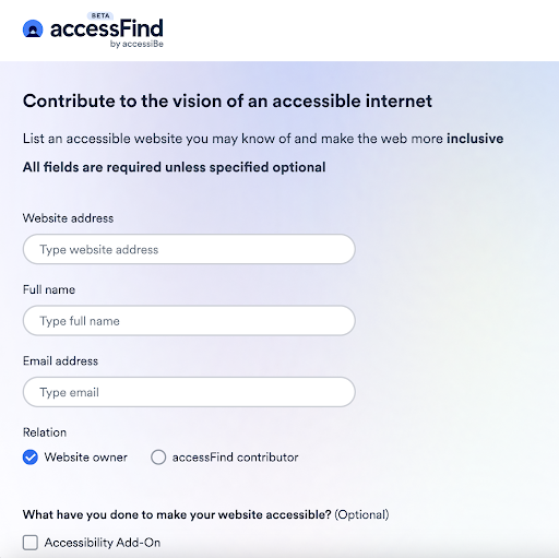 a screenshot of the accessFind "list a website" page that displays entry fields for the website's URL, name, and email address of the person submitting