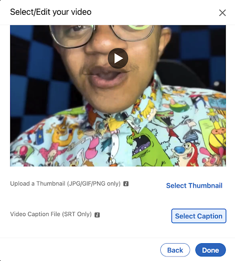 An influencer video preview above the "select captions" field found in LinkedIn post settings
