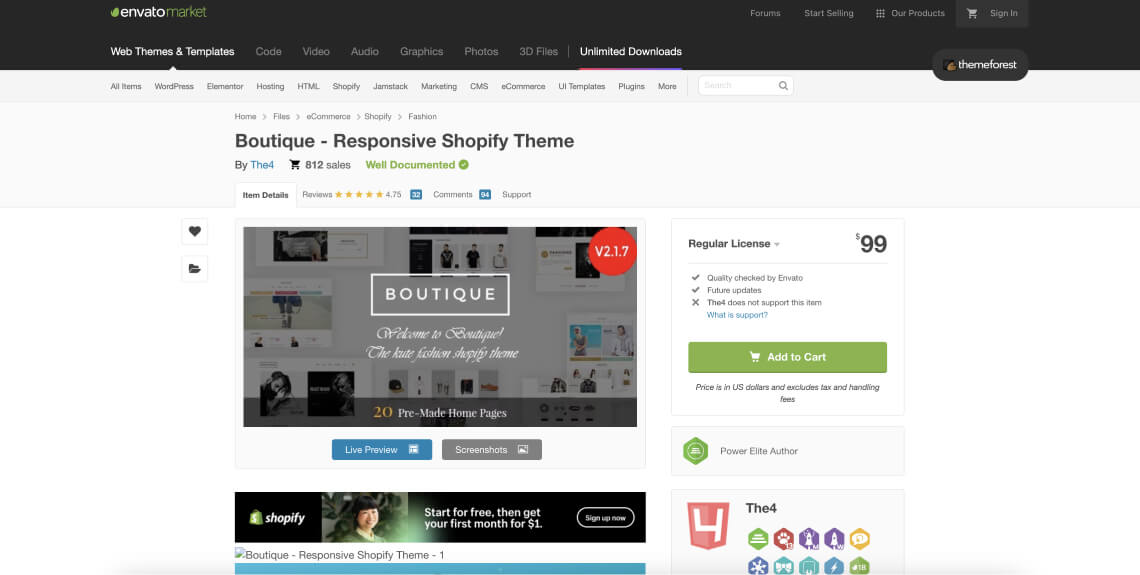 Screenshot of the Boutique theme on the envatomarket.