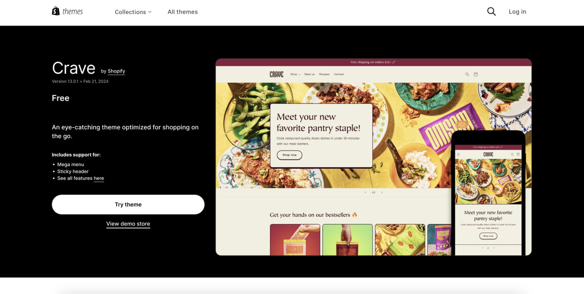 Screenshot of the Crave theme on the Shopify theme store.”
