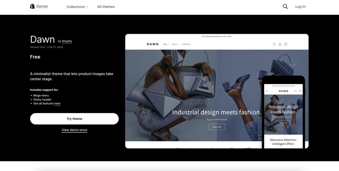 Screenshot of the Dawn theme on the Shopify theme store.