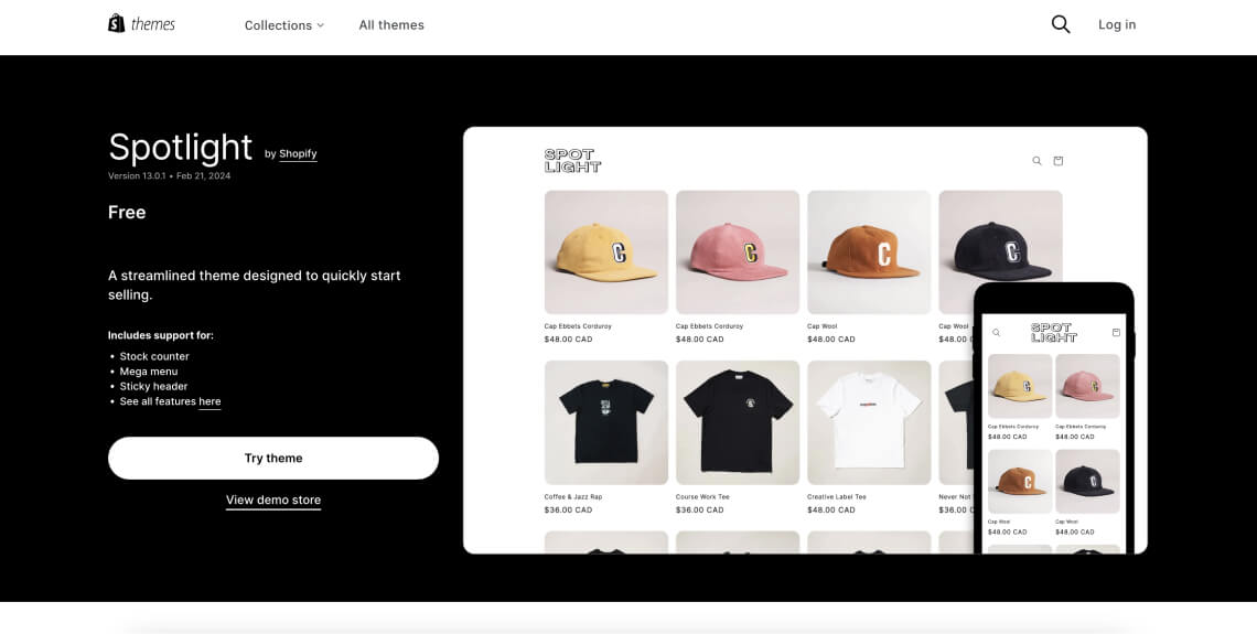 Screenshot of the Spotlight theme on the Shopify theme store.