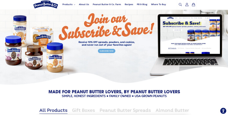 Screenshot of Peanut Butter & Co.'s website's homepage.