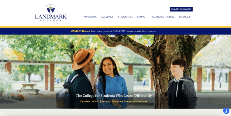Screenshot of Landmark College's homepage.