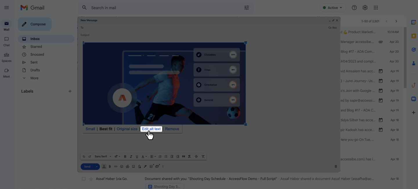 Screenshot of the ‘Edit alt text’ button within a Gmail draft.