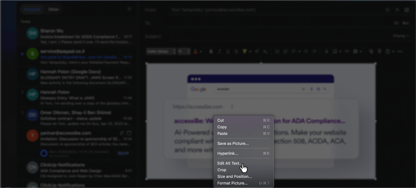 Screenshot of an Outlook shortcut menu with ‘Edit Alt Text’ highlighted.
