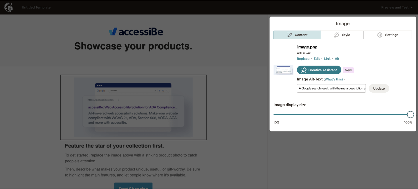 Screenshot of the area within a Mailchimp email where you can add alt text.