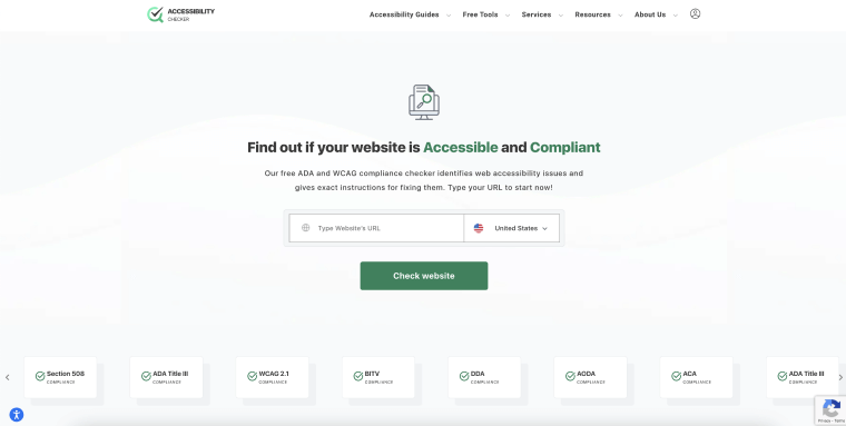 Screenshot of accessibility checker's homepage.