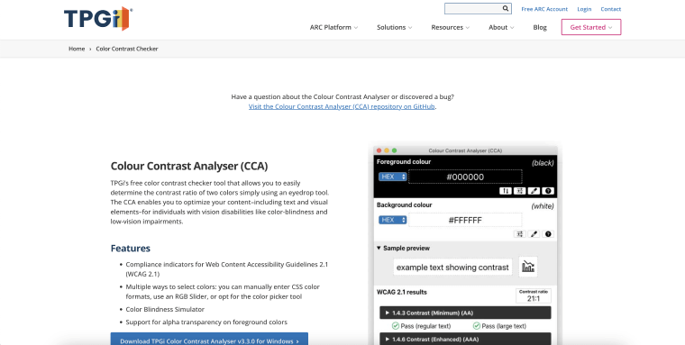 Screenshot of the Colour Contrast Analyser's interface.