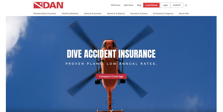 Screenshot of Divers Alert Network (DAN)'s homepage.