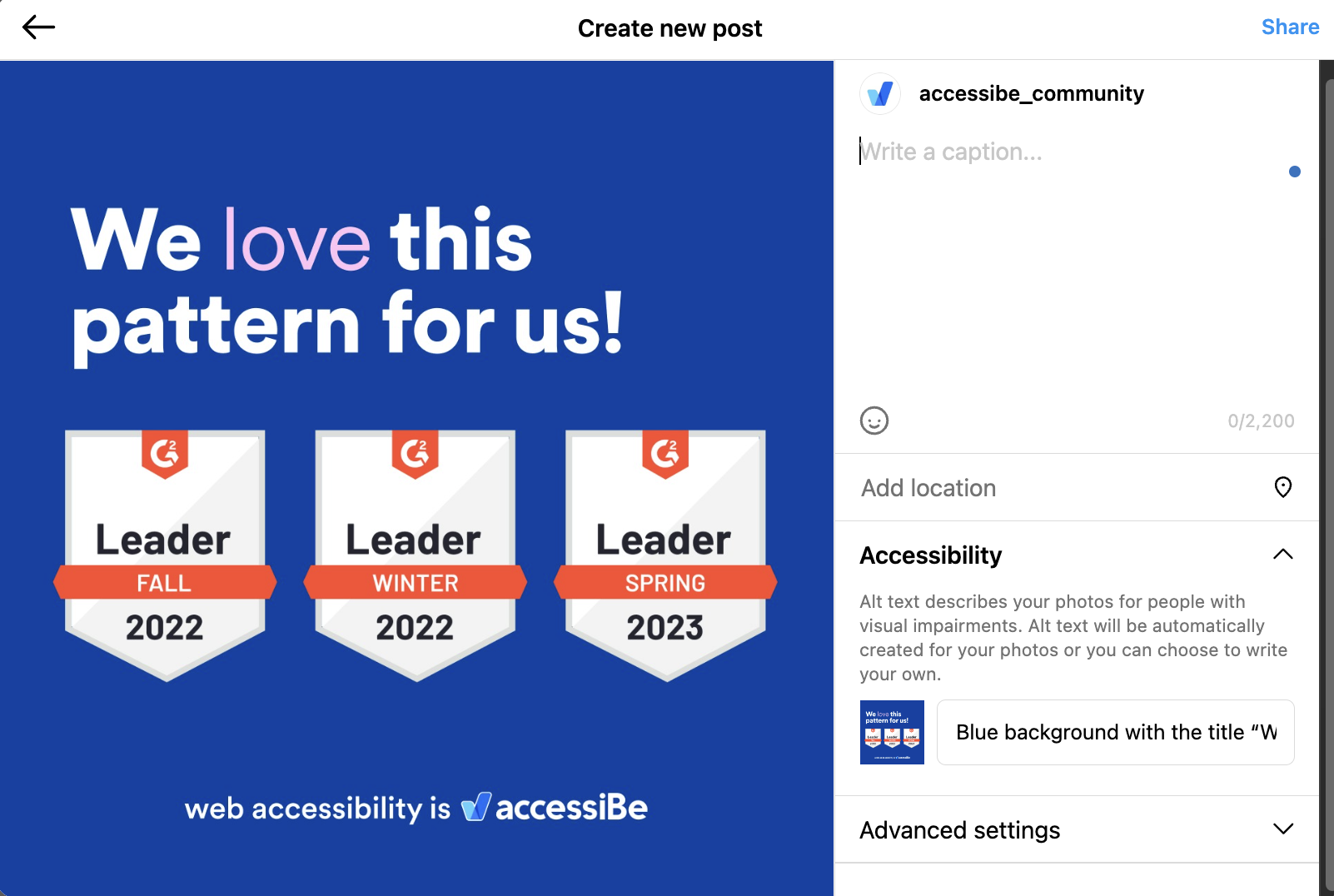 Blue background with title “We love this pattern for us!”, title written in white with the word “love” highlighted in pink. Below it, three G2 badges “Leader Fall 2022, Leader Winter 2022, Leader Spring 2023”. Below it “web accessibility is”, logo accessiBe on Instagram.