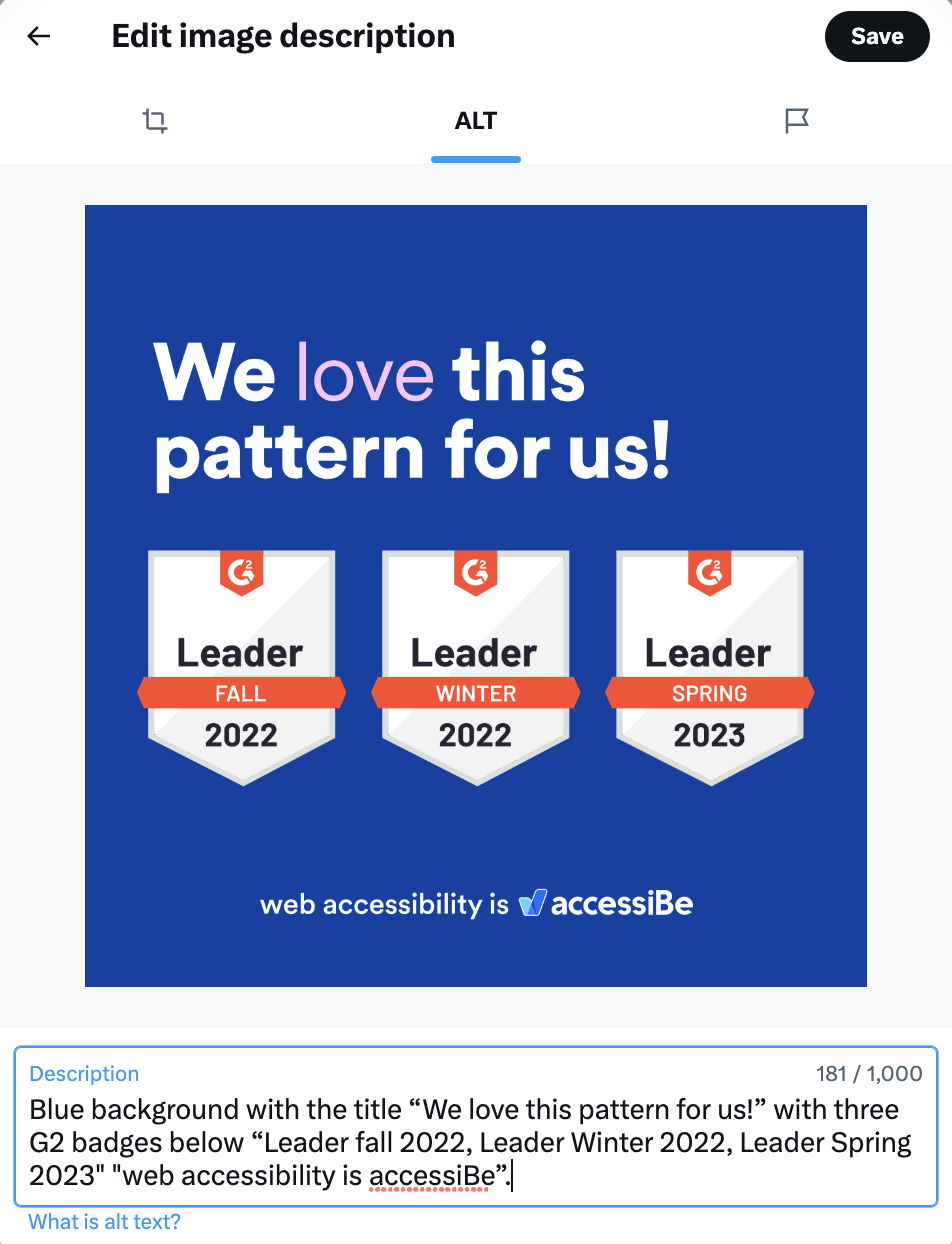 Blue background with title “We love this pattern for us!”, title written in white with the word “love” highlighted in pink. Below it, three G2 badges “Leader Fall 2022, Leader Winter 2022, Leader Spring 2023”. Below it “web accessibility is”, logo accessiBe on Twitter
