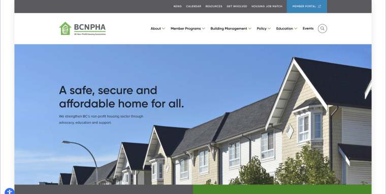 Screenshot of BC Non-Profit Housing Association's homepage.