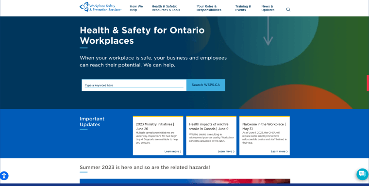 Screenshot of Workplace Safety & Prevention Services' homepage.