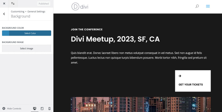 Screenshot showing the background color options in the divi theme customizer.