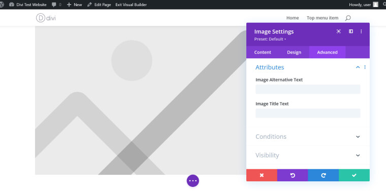 Screenshot showing the divi image module with the field for adding alt text visible