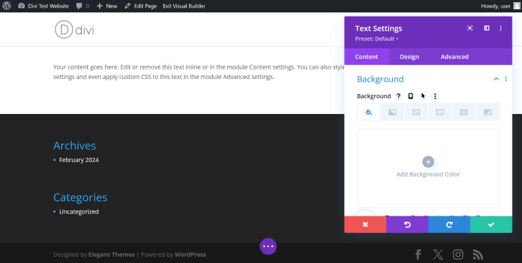 Screenshot showing the background color options of the divi text module.