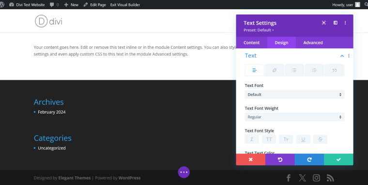 Screenshot showing the font customization options of the divi text module.
