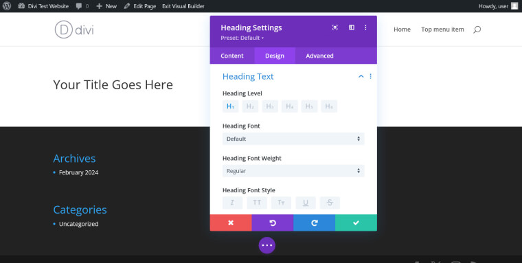 Screenshot of the divi headings module with the design tab visible.