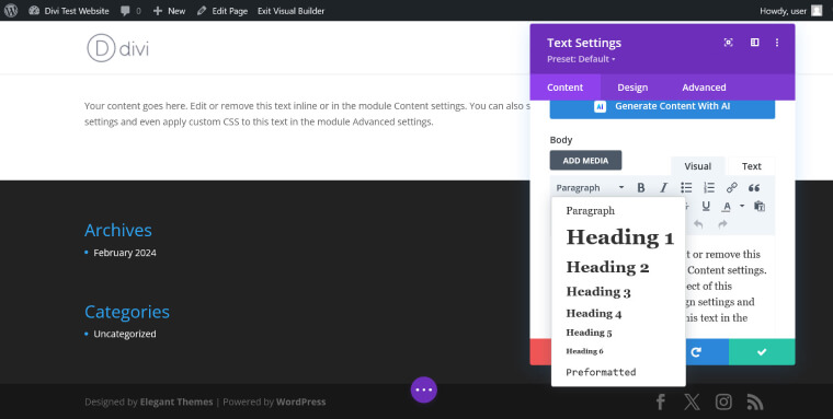 A screenshot of the divi text module with the options to create headings