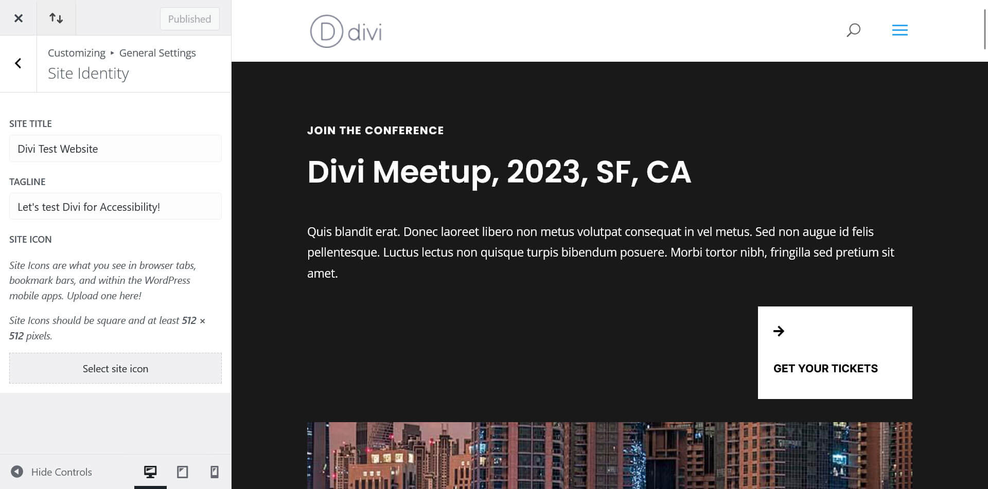 A screenshot of the divi site identity menu in the theme customizer