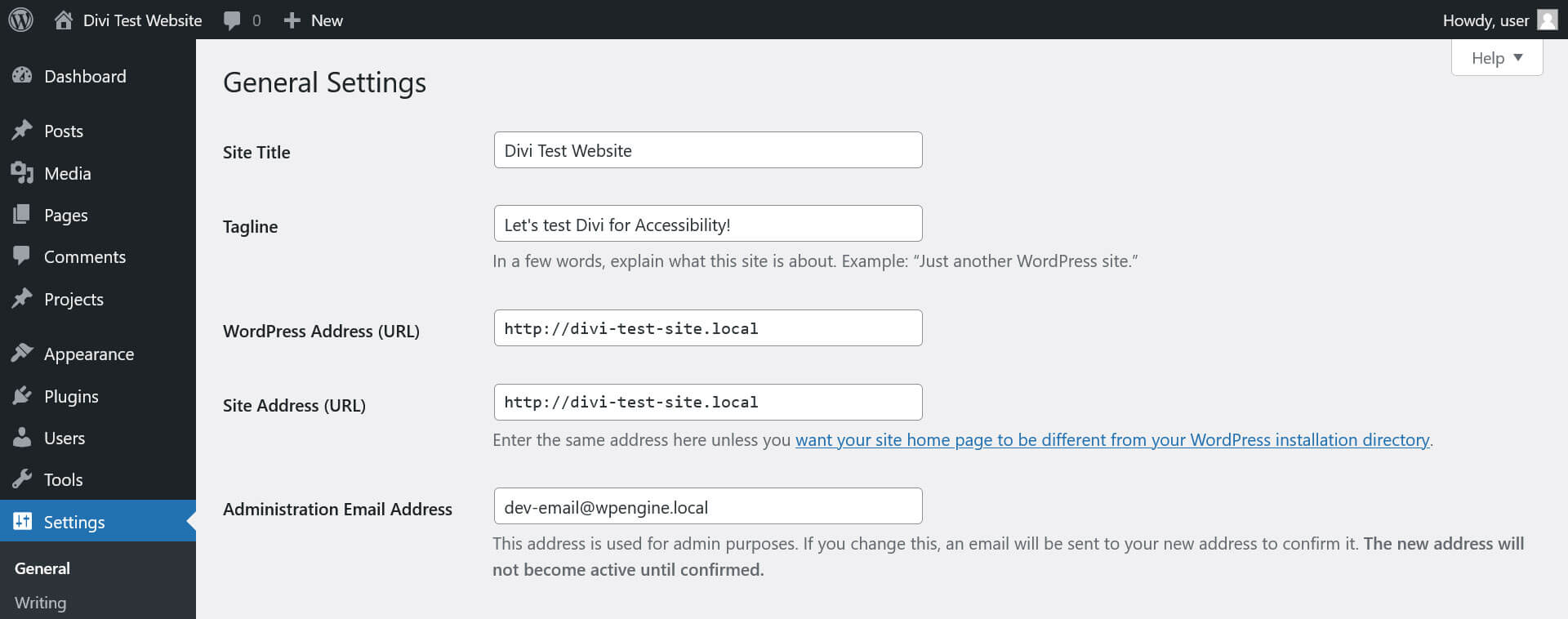 Screenshot of the settings section in WordPress where you can add a Site Title and Tagline.
