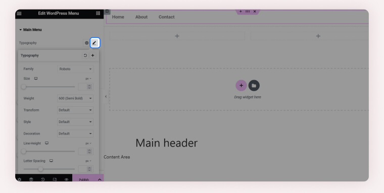 Screenshot of the "Edit WordPress Menu"interface in Elementor, displaying the typography options for the WordPress menu widget.