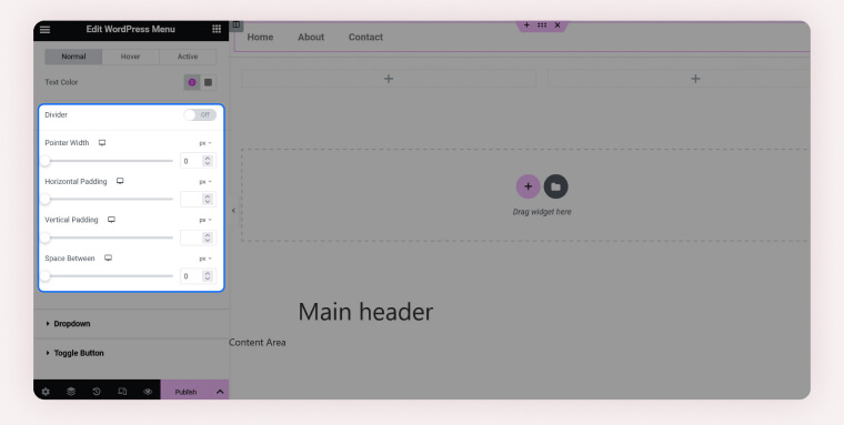 Screenshot of the available options to change navigation menu spacing in Elementor’s Edit WordPress Menu.