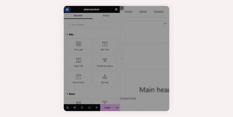 Screenshot highlighting the hamburger menu icon in the Elementor page builder interface, located in the top left corner, before the "Elementor" logo.