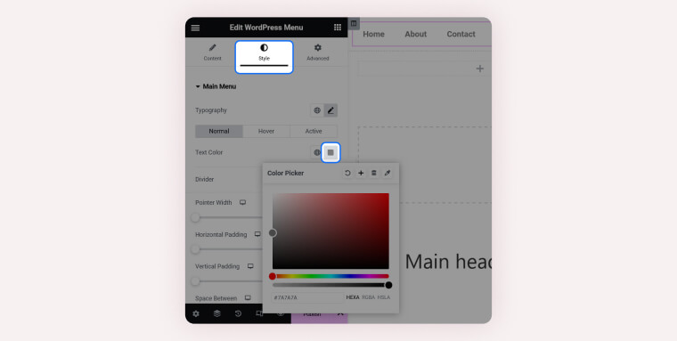 Screenshot showing the 'Edit WordPress Menu' interface in Elementor with the 'Style' tab active, featuring a color picker tool for choosing text color for menu items.