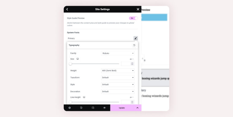 Screenshot of the "Site Settings" panel in Elementor, showing options for "Style Guide Preview" toggled on, and "System Fonts" settings for typography, including various font styling selections.
