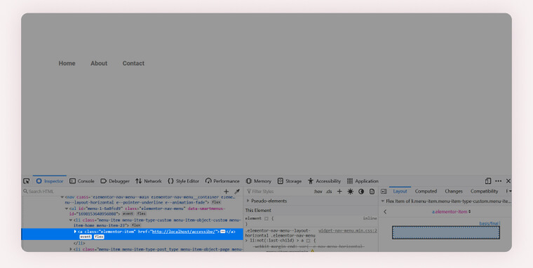 Screenshot of correct HTML markup using the anchor tag for navigation menus visible in the browser developer tools.