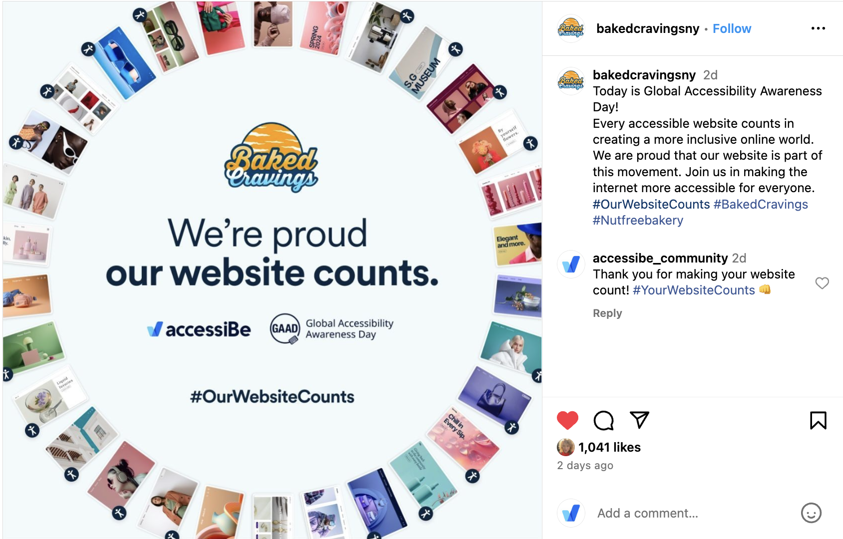 Instagram post by Baked Cravings NY of their logo on the accessiBe design that says We're proud our website counts. The accessiBe logo and the Global Accessibility Awareness Day logo. The post has 1,041 likes.