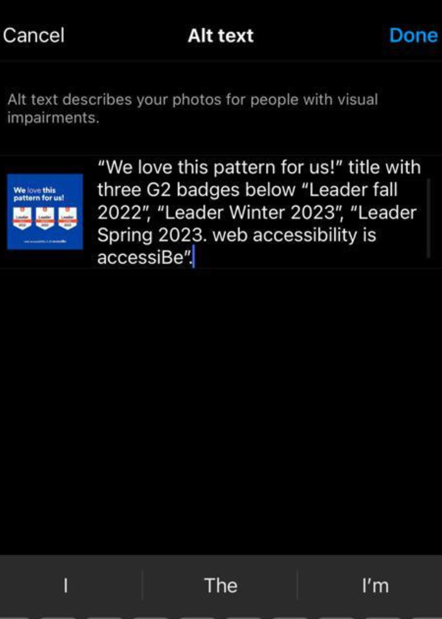 Sceenshot on an iPhone of the alternative text field within the Instagram platform