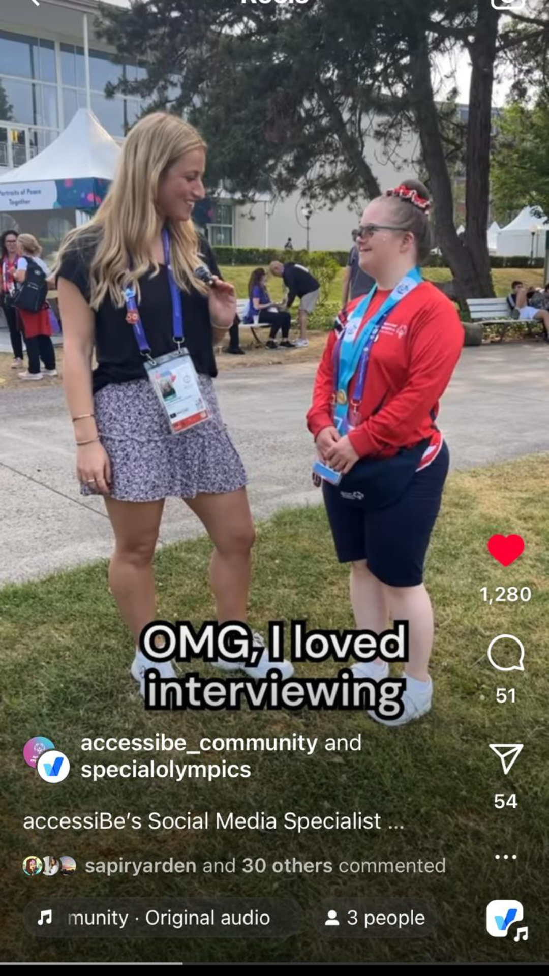 Screenshort of an accessiBe employee and a Special Olympics athlete appearing in an Instagram reel with captions that read "OMG I loved interviewing!"
