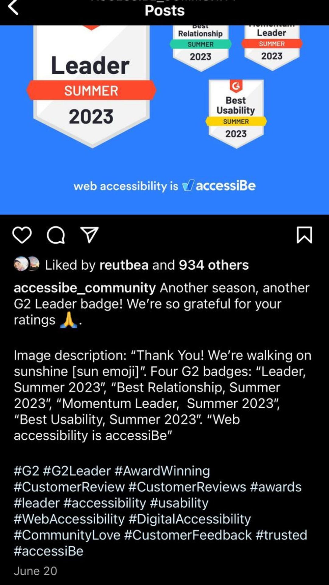 Screenshot on an iPhone of an accessiBe Instagram caption that shows accessible hashtags