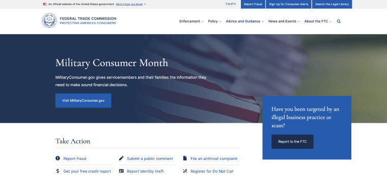Screenshot of Federal Trade Commission's homepage.