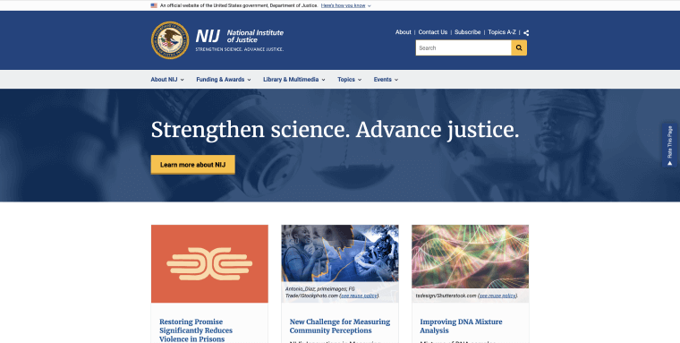 Screenshot of the National Institute of Justice's homepage.