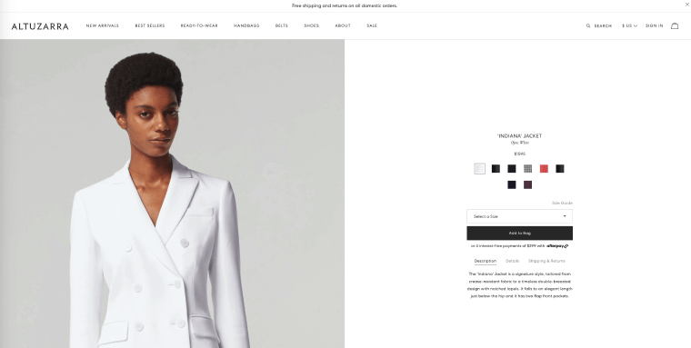 Screenshot of Altuzarra’s Indiana Jacket product page.