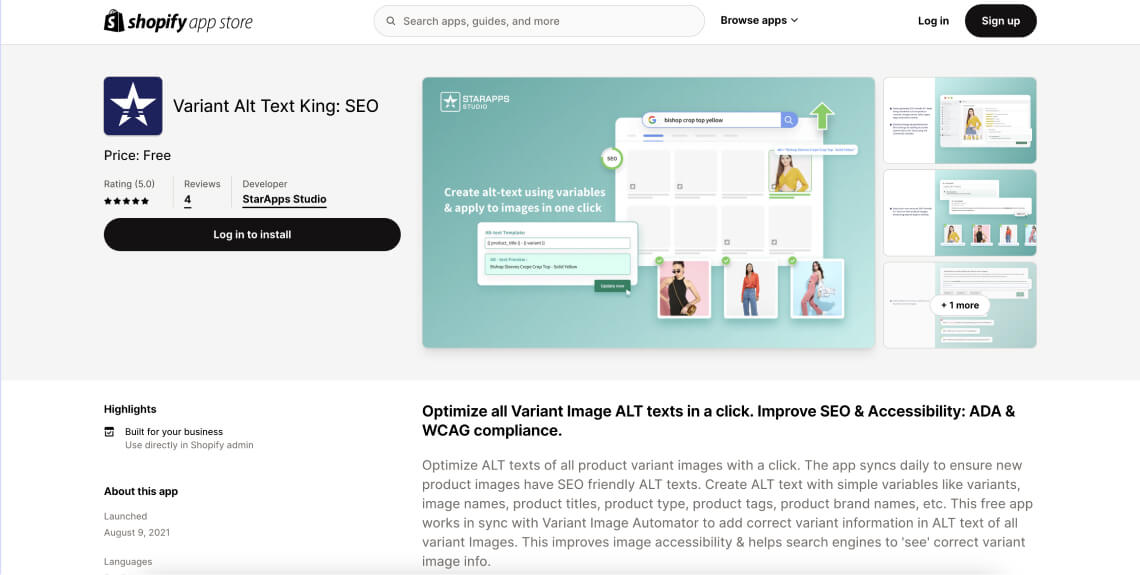 Screenshot of the Alt Text King: SEO app on Shopify's app store. 
