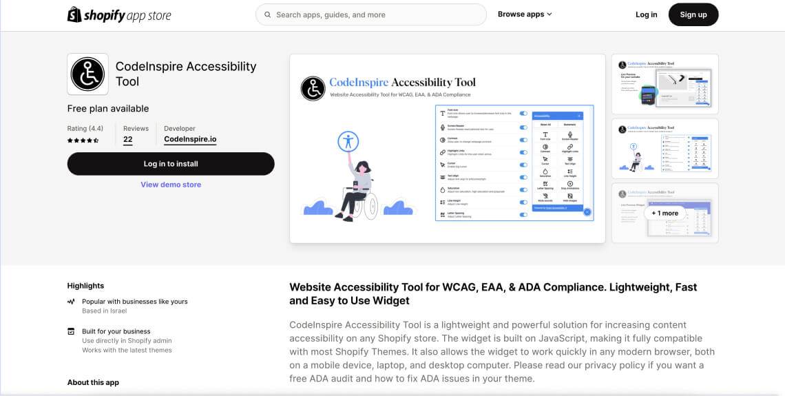 Screenshot of the CodeInspire Accessibility Tool app on Shopify's app store.