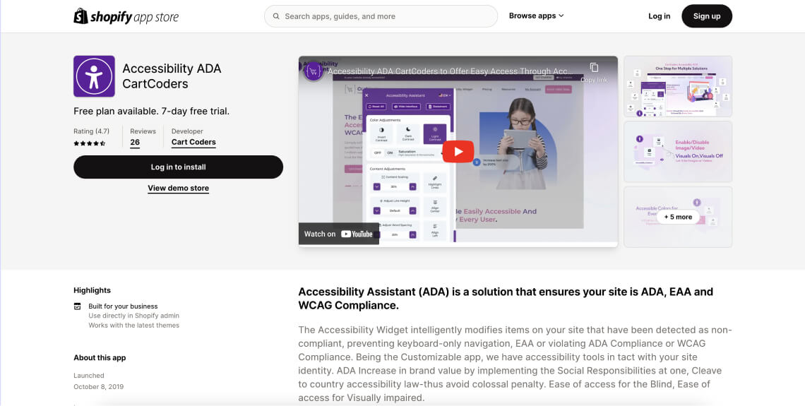 Screenshot of the Accessibility ADA CartCoders app on Shopify's app store.