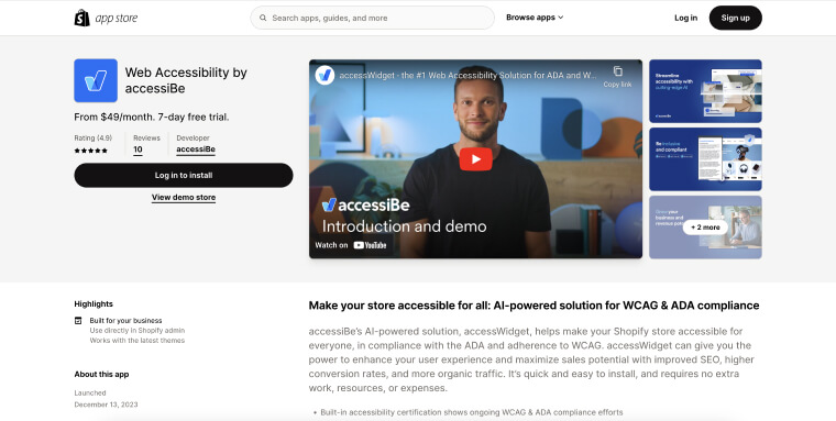 Screenshot of accessWidget's landing page on Shopify's app store.