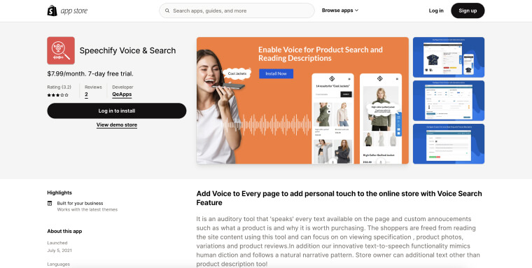 Screenshot of Speechify Voice & Search's landing page on Shopify's app store.