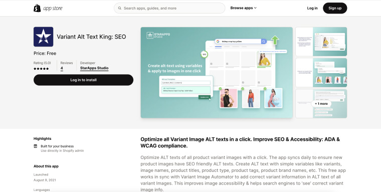 Screenshot of Variant Alt Text King: SEO's landing page on Shopify's app store.