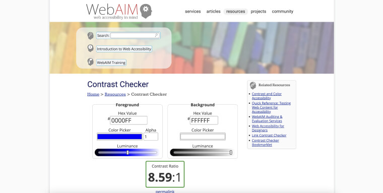 Screenshot of WebAIM color contrast checker's homepage.
