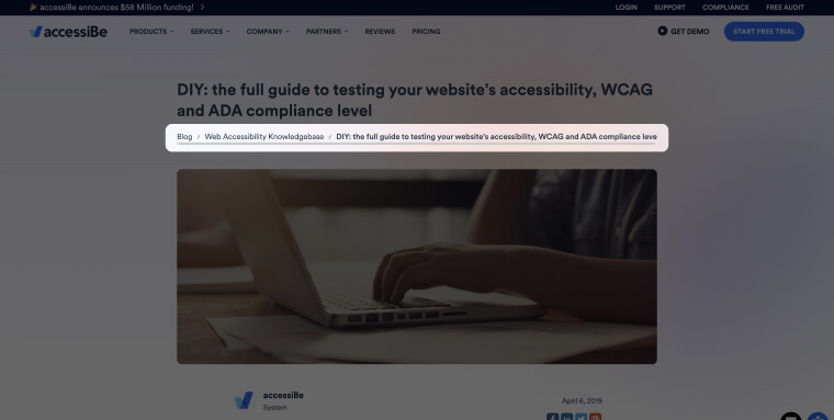An accessiBe blog post with a breadcrumb section at the top.